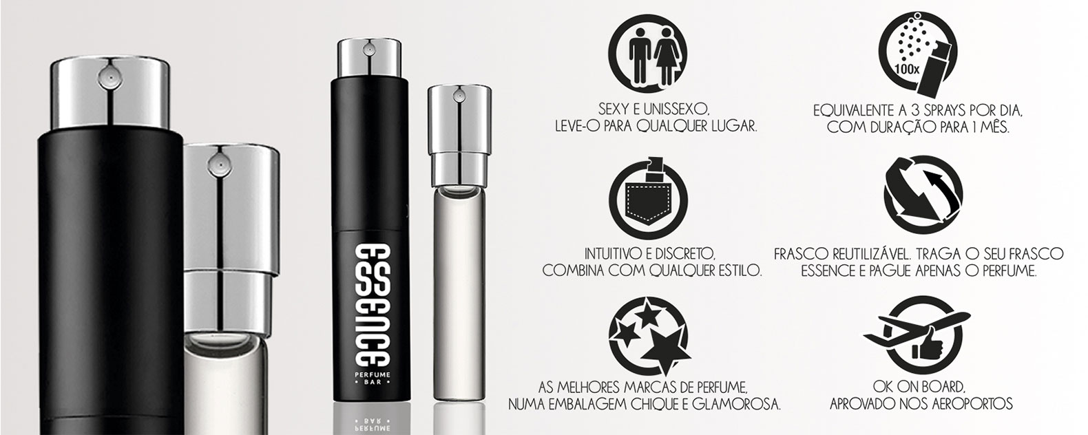 Frascos Essence. Sexy e Unissexo, leve-o para qualquer lugar. Intuitivo e discreto. Combina com qualquer estilo. As melhores marcas de perfume, numa embalagem chique e glamorosa. Equivalente a 3 sprays por dia, com duração para 1 mês. Frasco reutilizável. Traga o seu frasco Essence e pague apenas o perfume. Ok on board, aprovado nos aeroportos.